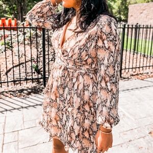 Snake Print Long Sleeve Dress - Brown and Cream